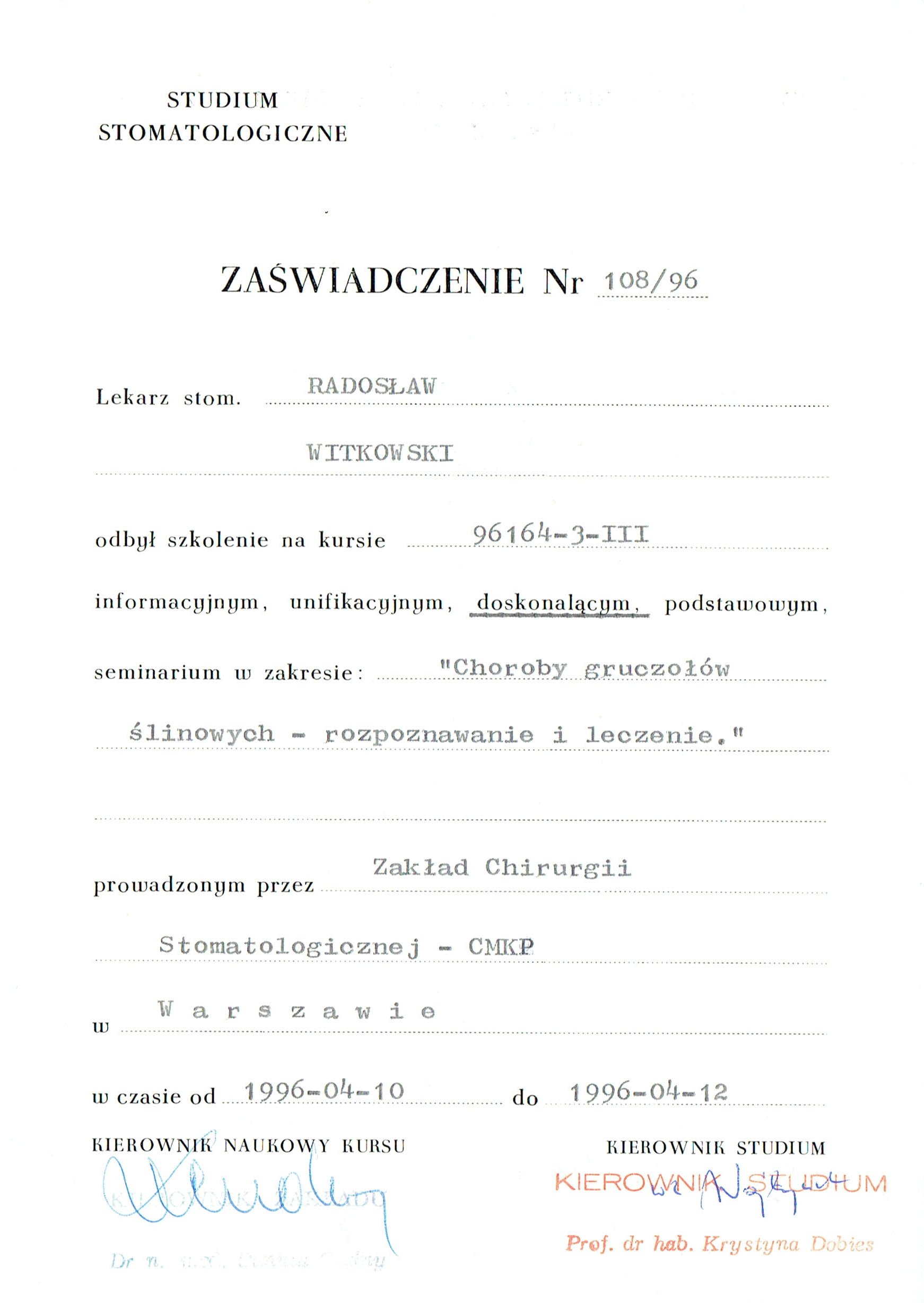 Radosław Witkowski certyfikat 6