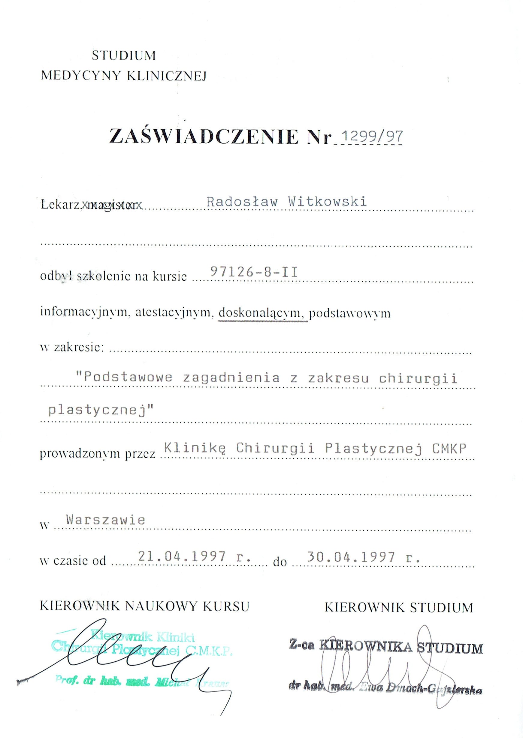 Radosław Witkowski certyfikat 15