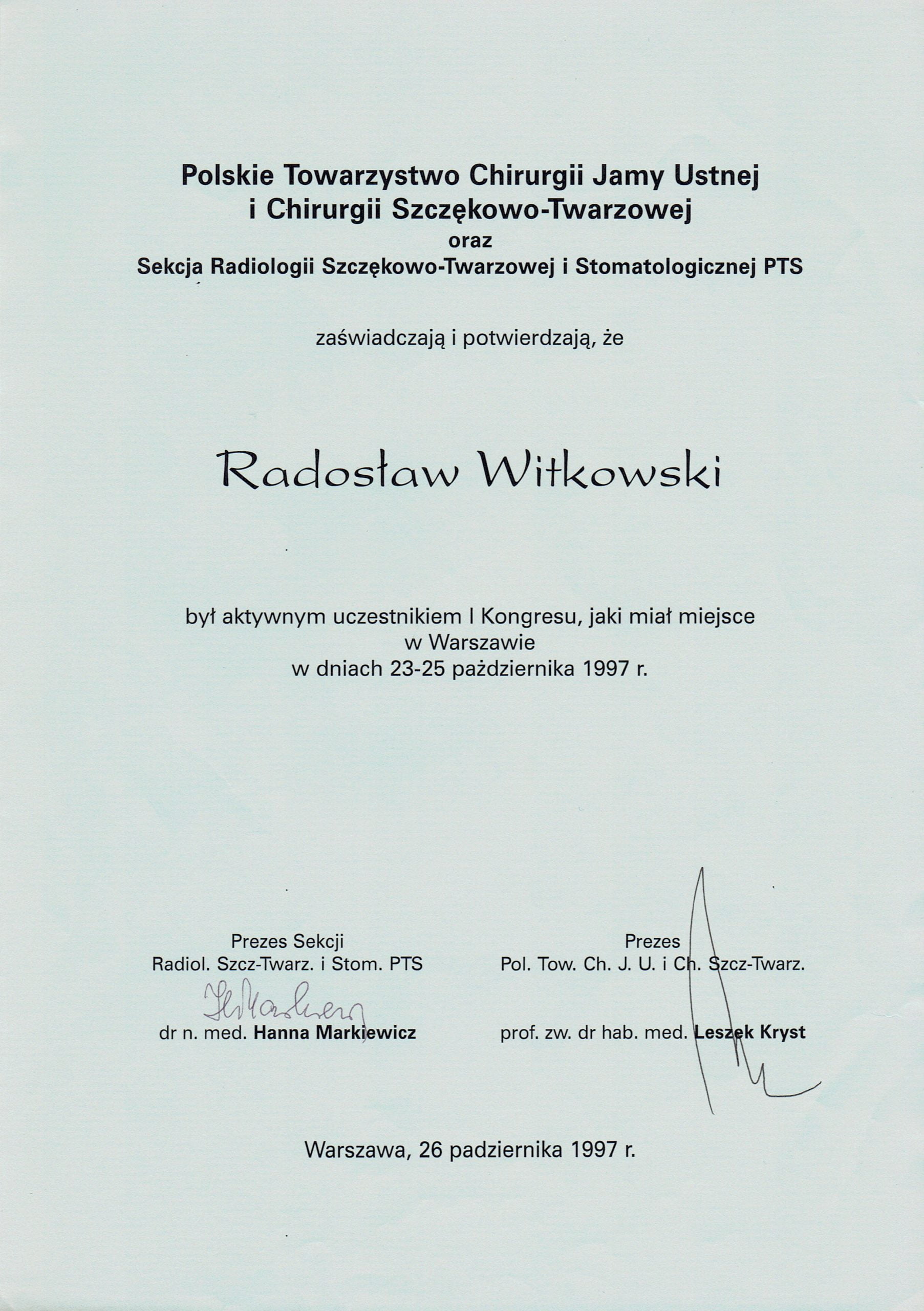 Radosław Witkowski certyfikat 16