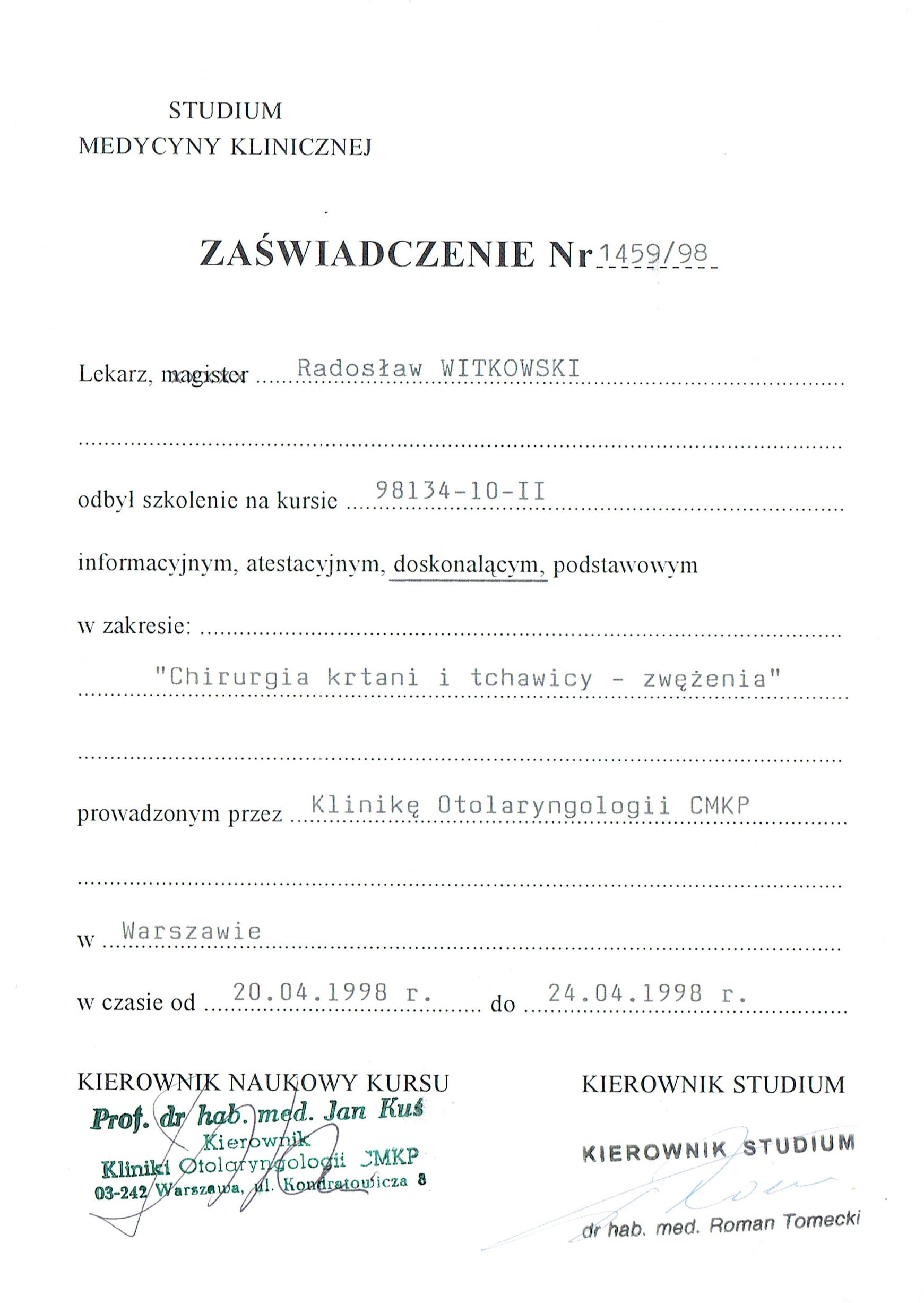 Radosław Witkowski certyfikat 17