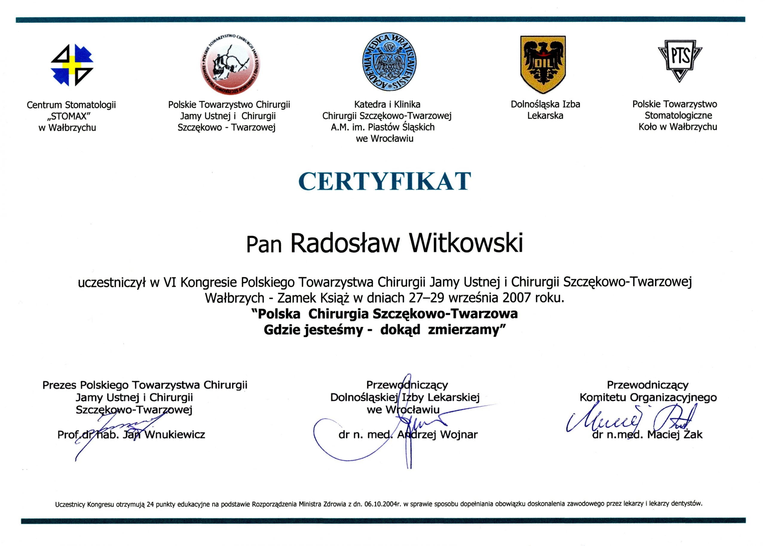 Radosław Witkowski certyfikat 60