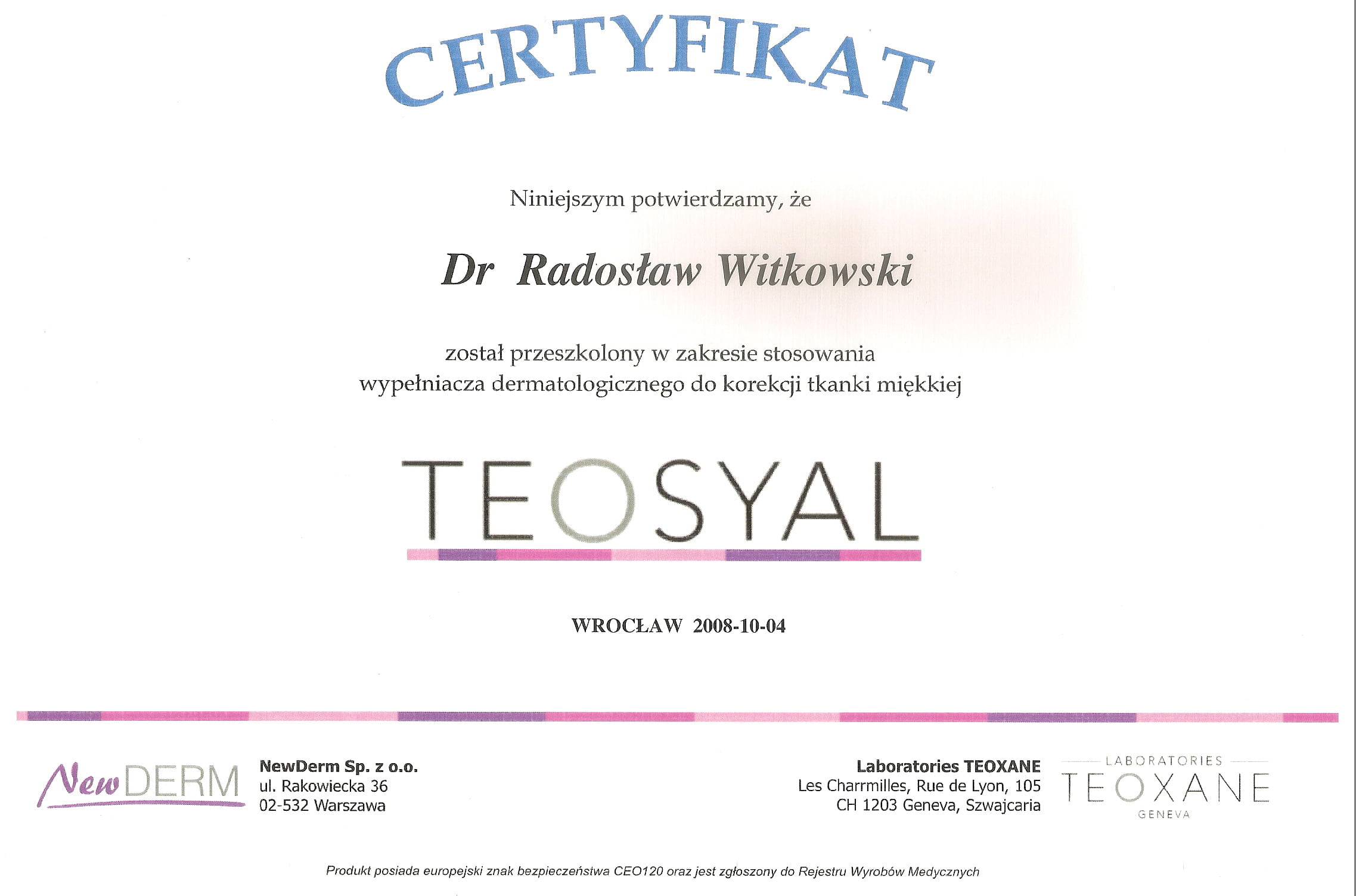 Radosław Witkowski certyfikat 70