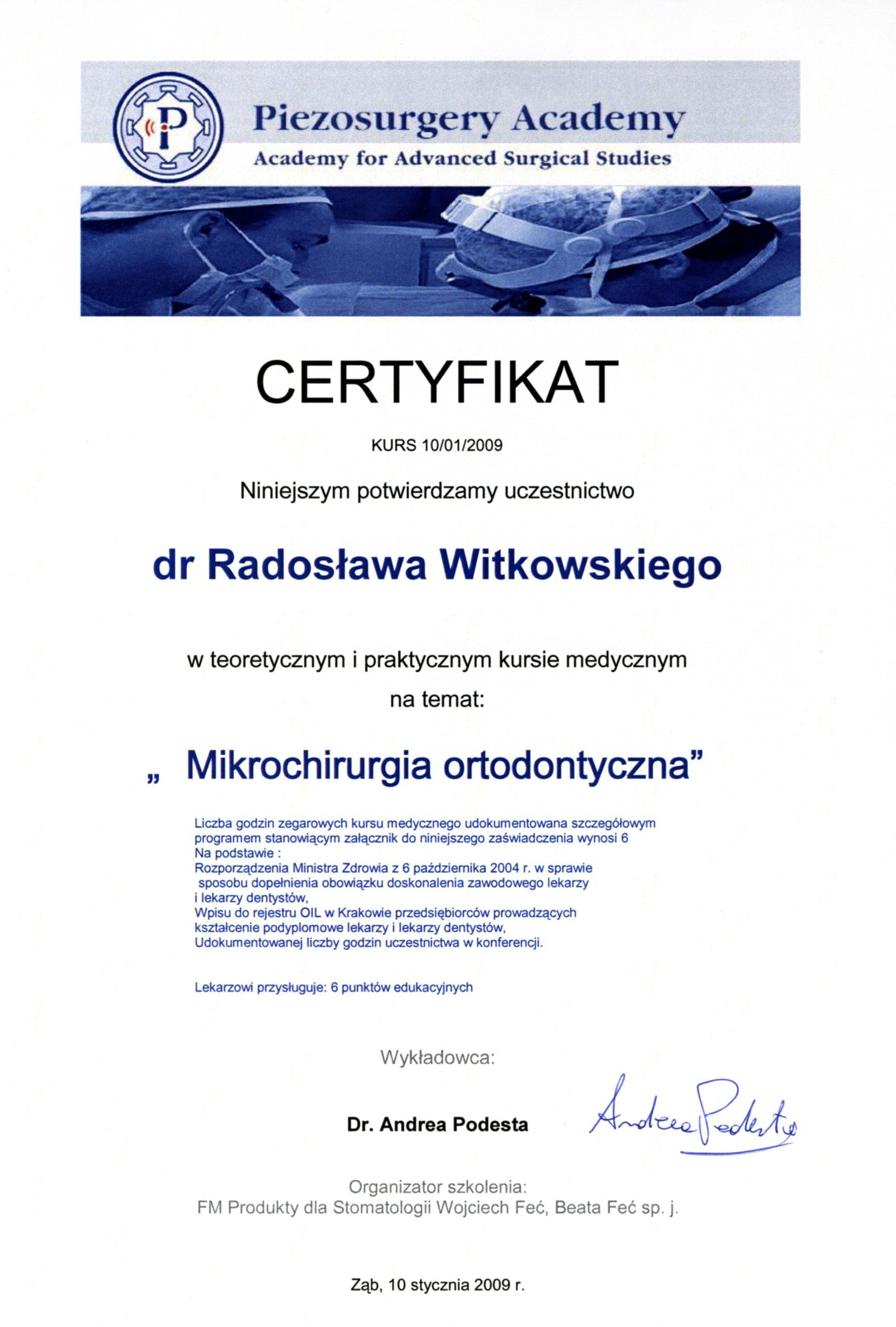 Radosław Witkowski certyfikat 73