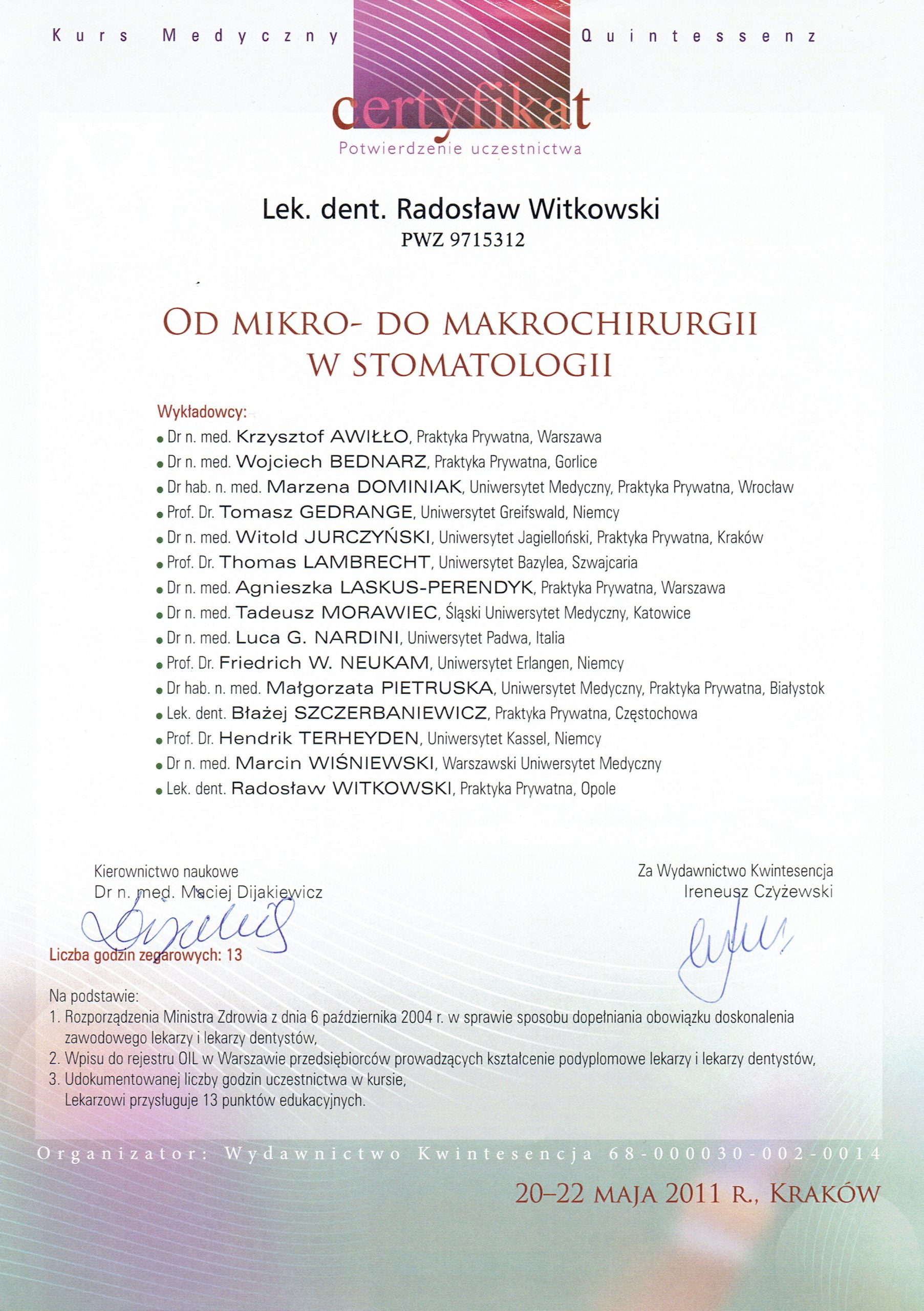 Radosław Witkowski certyfikat 87