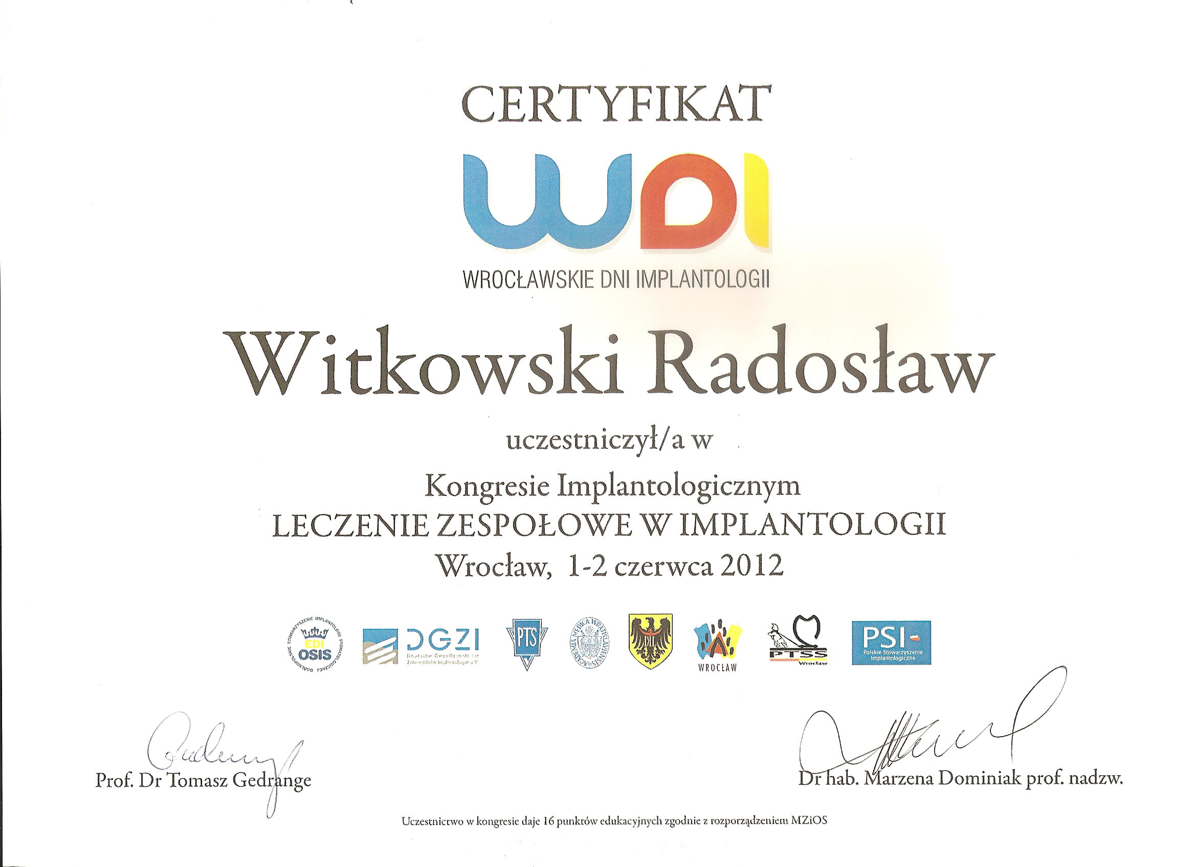 Radosław Witkowski certyfikat 95
