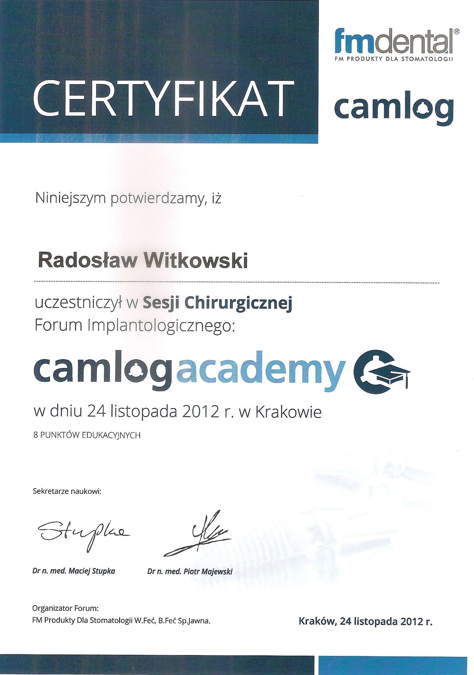 Radosław Witkowski certyfikat 96
