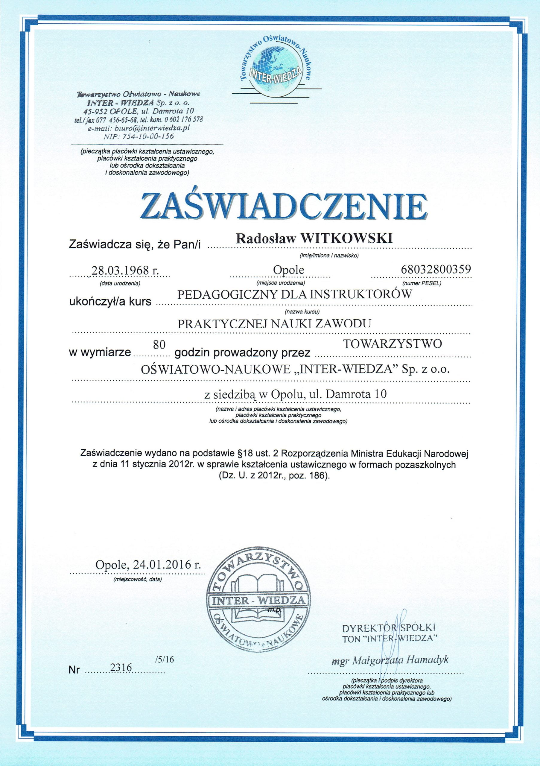Radosław Witkowski certyfikat 107