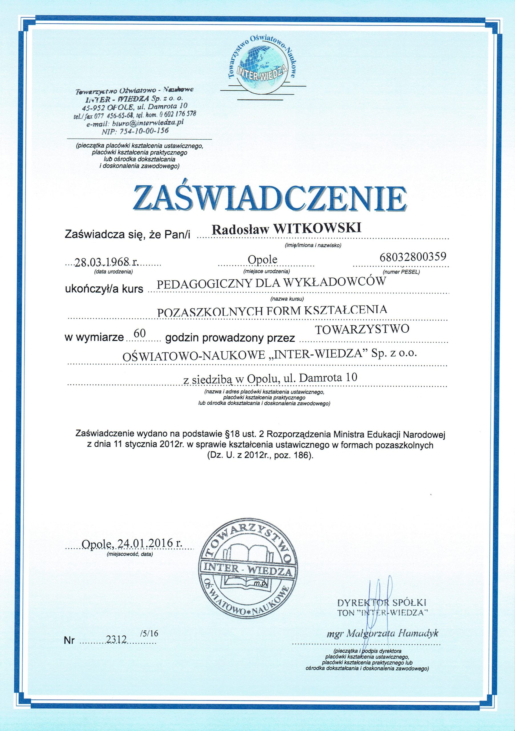 Radosław Witkowski certyfikat 108