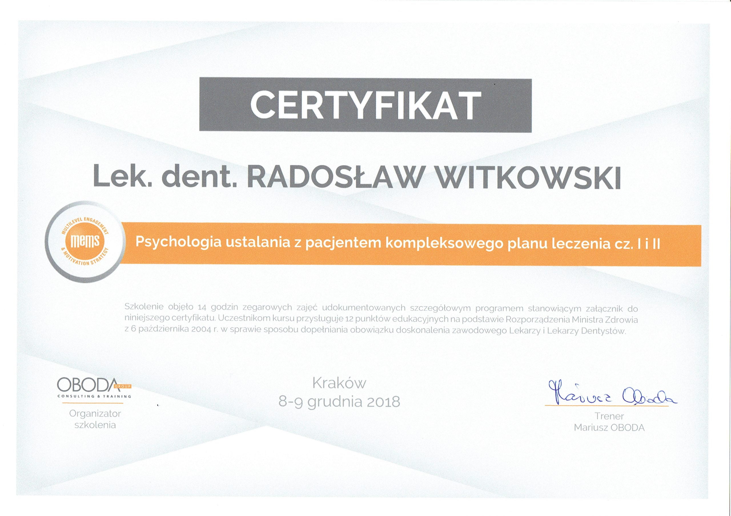 Radosław Witkowski certyfikat 121