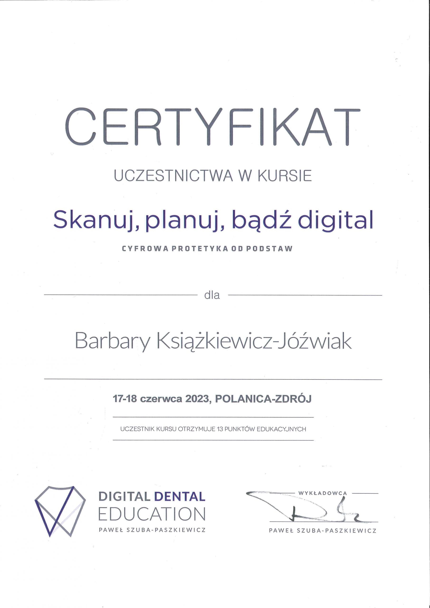 Barbara Książkiewicz-Jóźwiak certyfikat 2