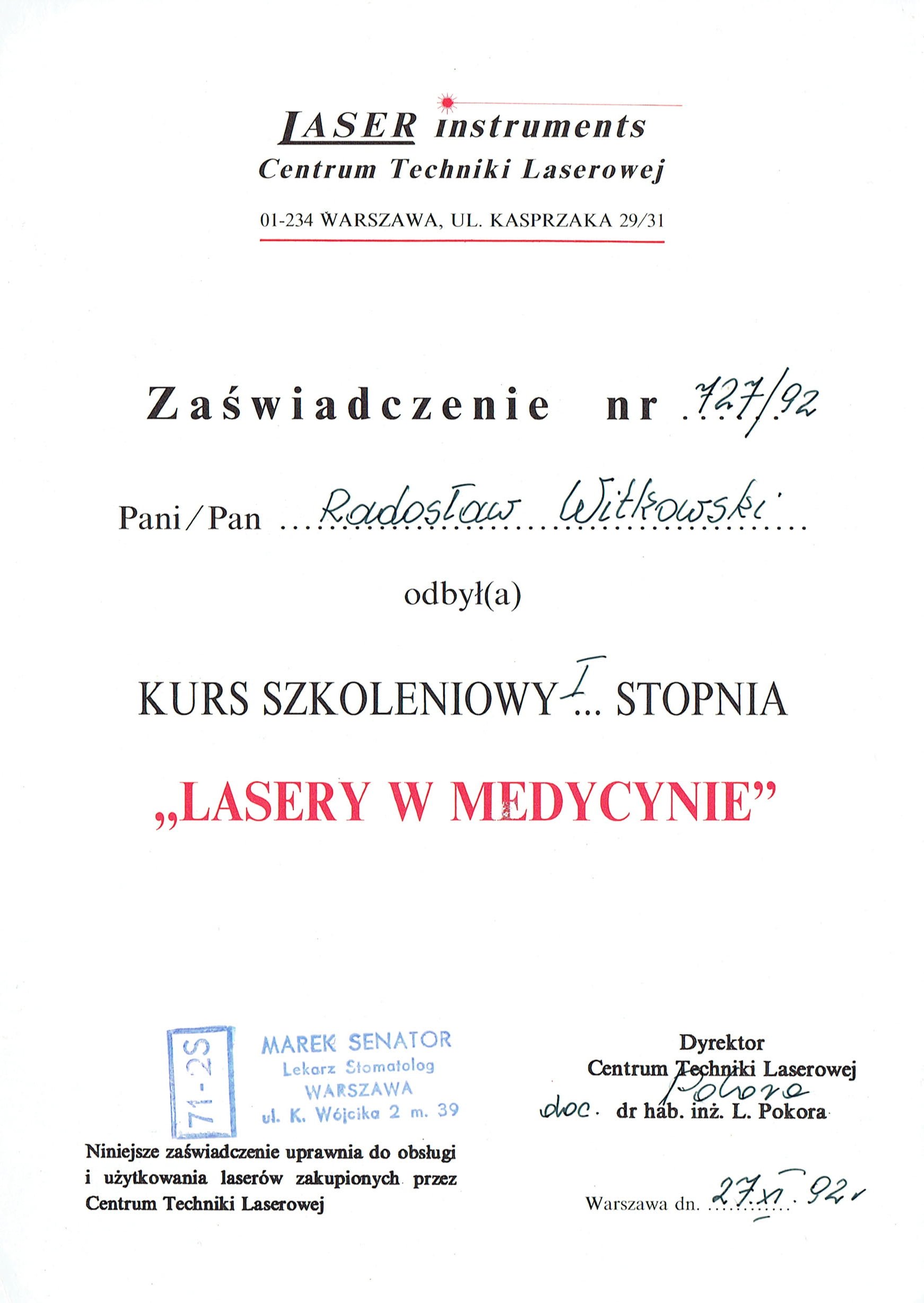 Radosław Witkowski certyfikat 1