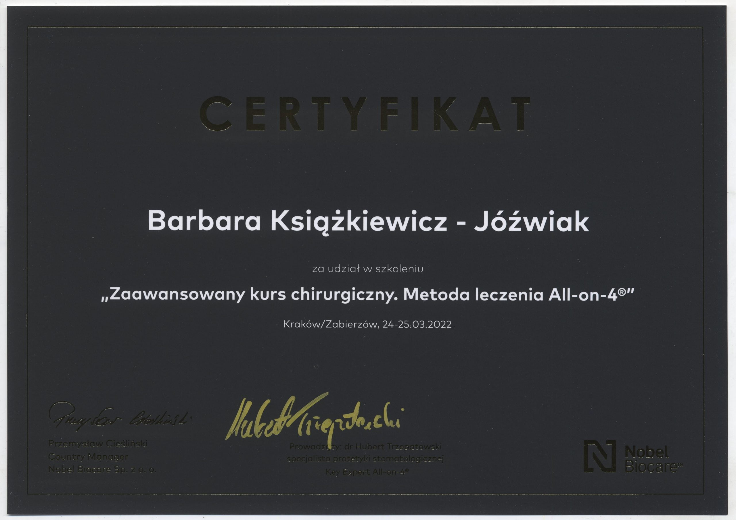 Barbara Książkiewicz-Jóźwiak certyfikat 4