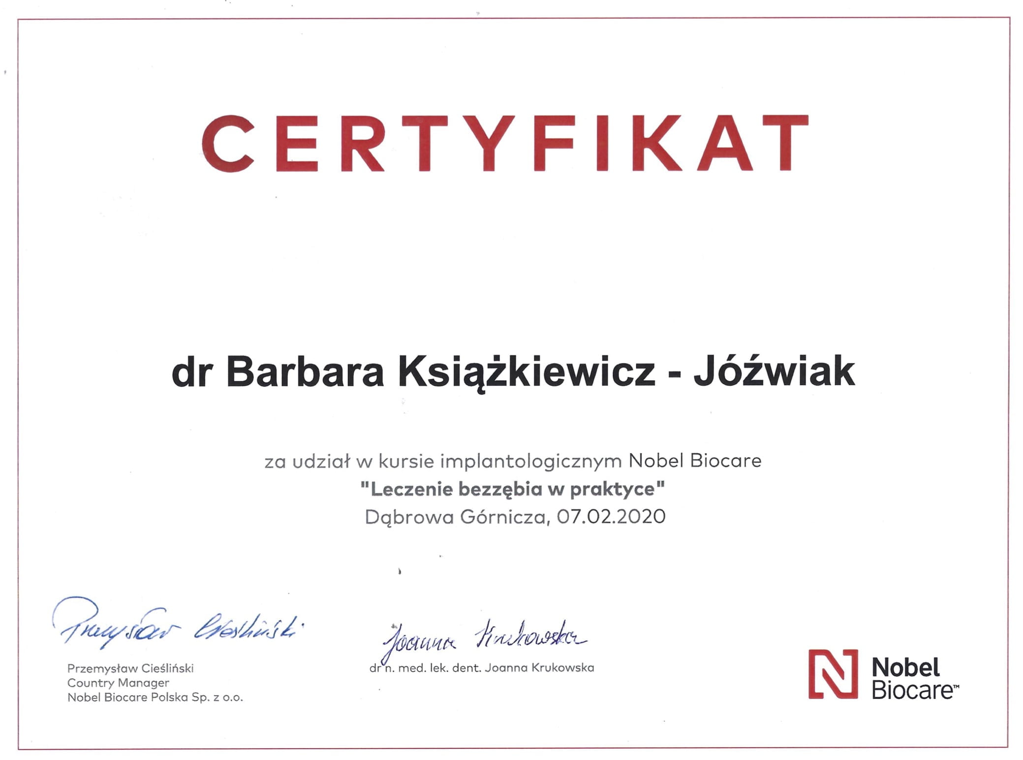 Barbara Książkiewicz-Jóźwiak certyfikat 10