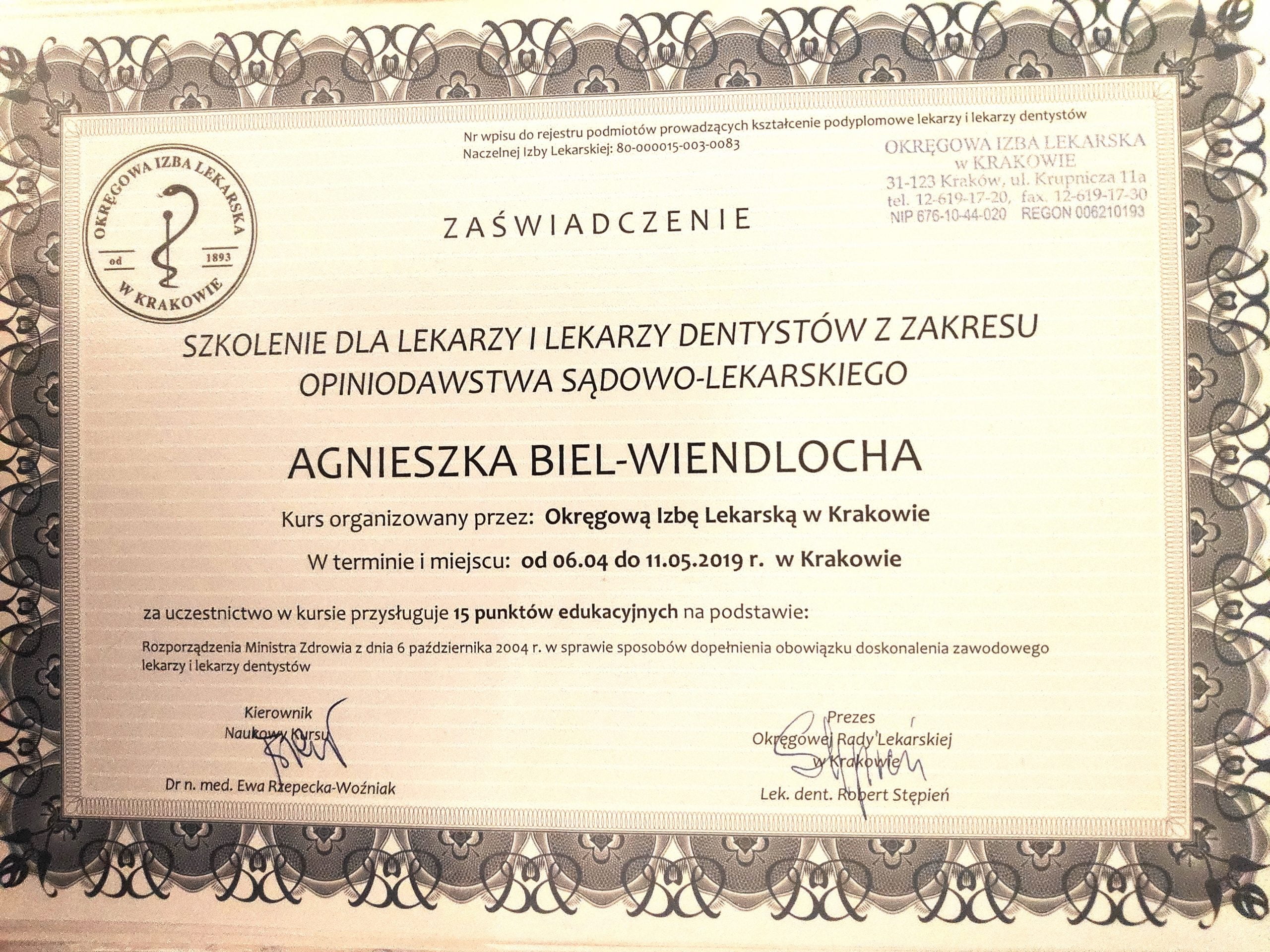 Agnieszka Biel-Wiendlocha certyfikat 27