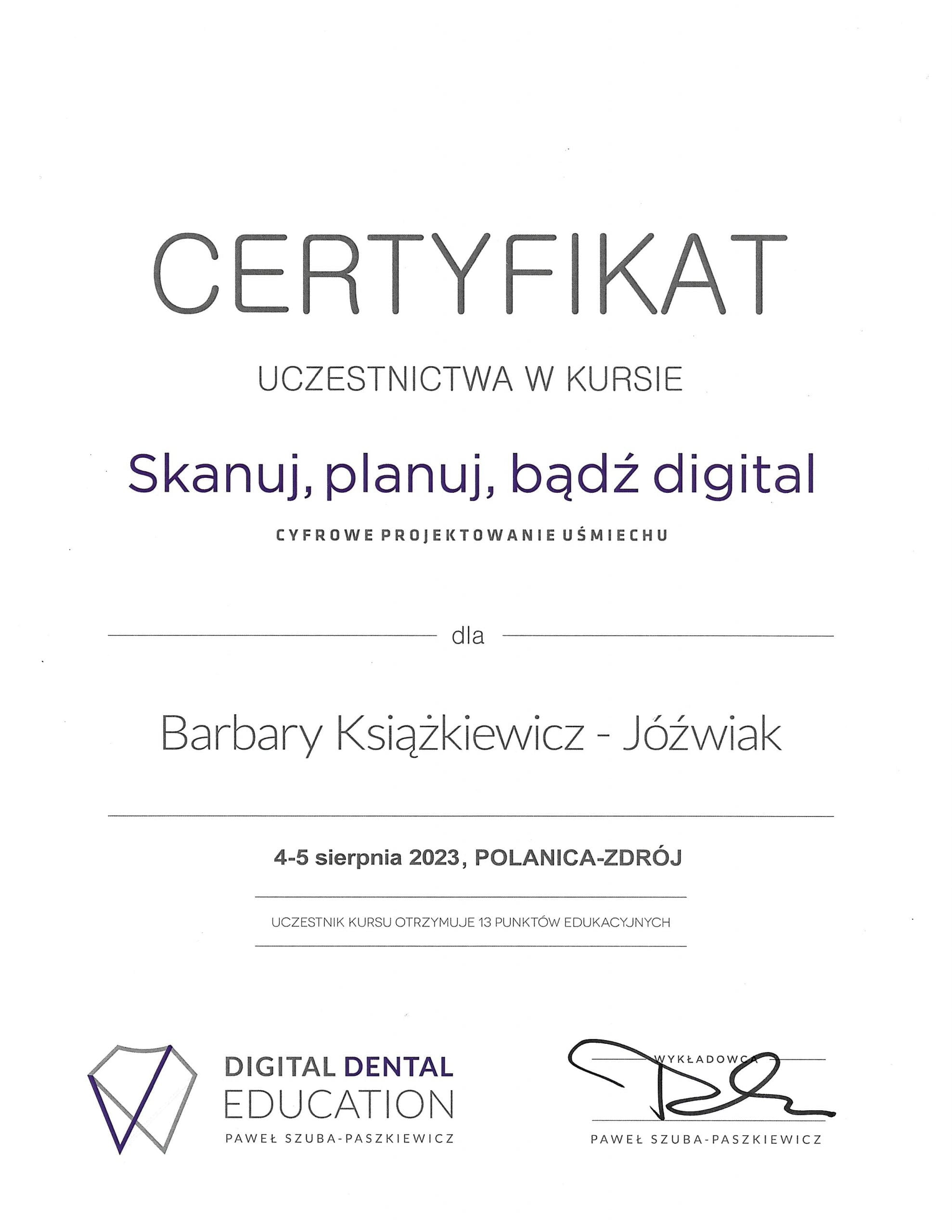 Barbara Książkiewicz-Jóźwiak certyfikat 1
