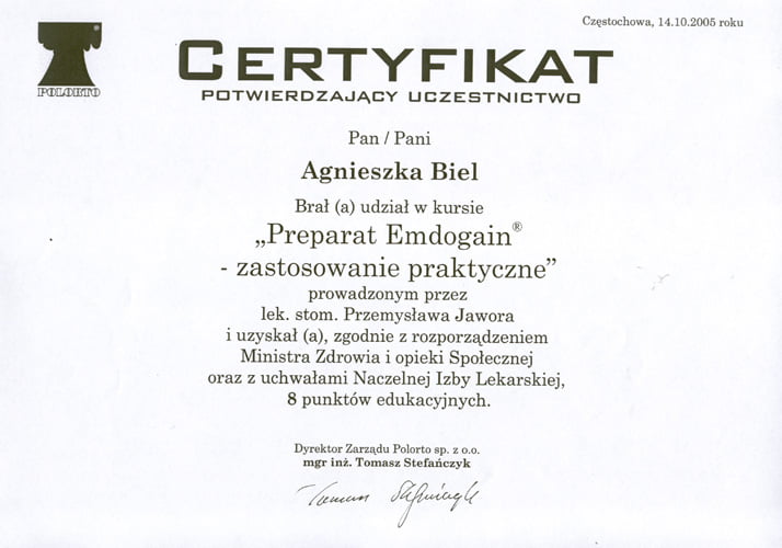 Agnieszka Biel-Wiendlocha certyfikat 14