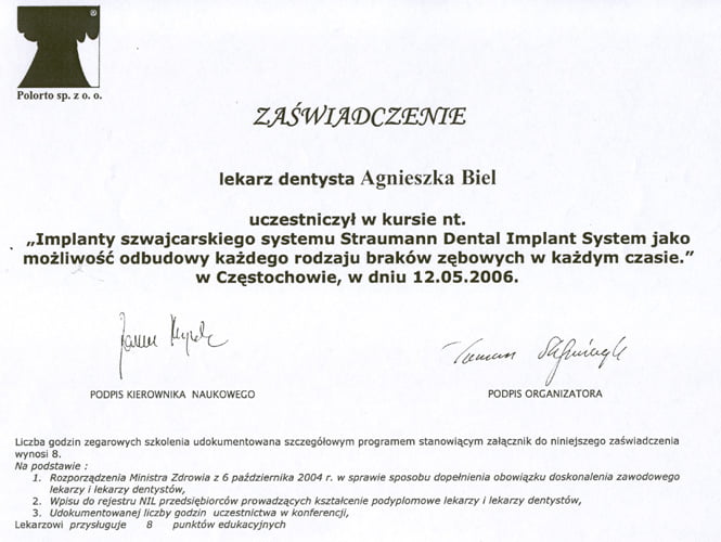 Agnieszka Biel-Wiendlocha certyfikat 17