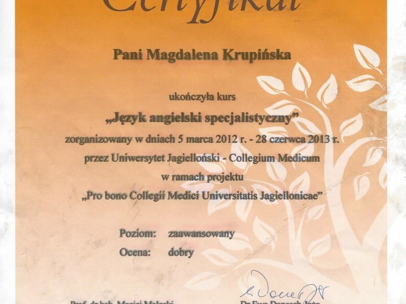 Magdalena Krupińska certyfikat 2
