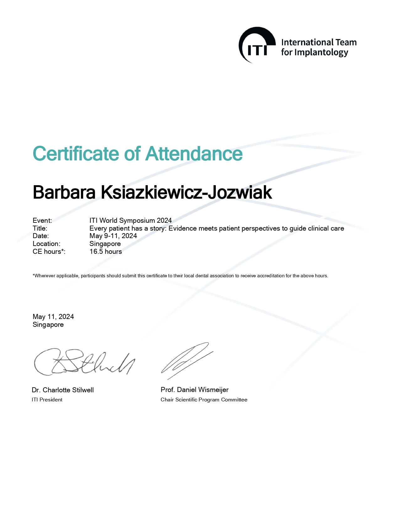 Certificate of Attendance – ITI World Symposium 2024 page 0001